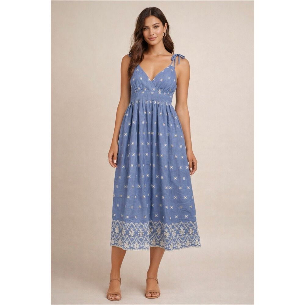 Embroidered Chambray Midi Dress with Tie Straps